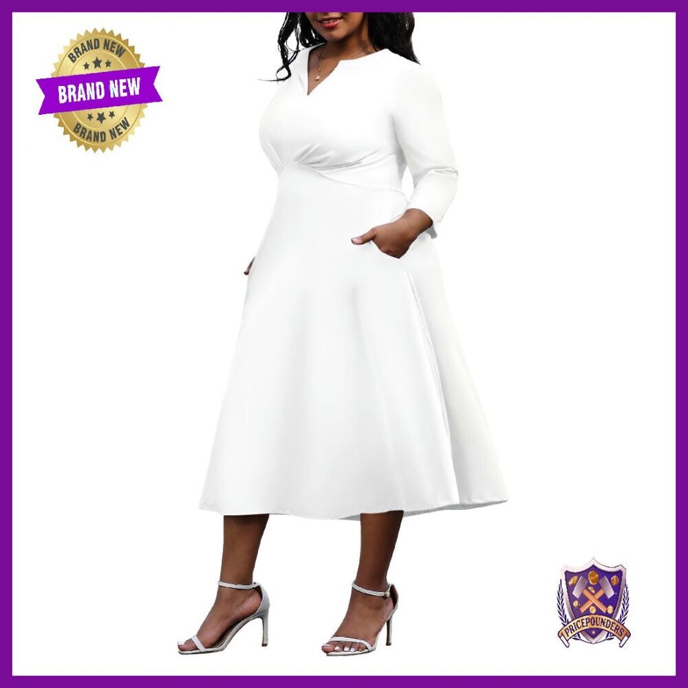 Plus Size Stretchy Flared Wrap Dress V Neck 3/4 Sleeve Midi A-Line Swing